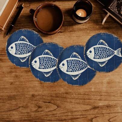 4pcs Wooden Fish Shaped Coasters, With Humorous White Fish Design, Coastal Decor For Kitchen And Dining, Seasonal Table Setting | Funny Fish Design | Tableware, Fish Decor