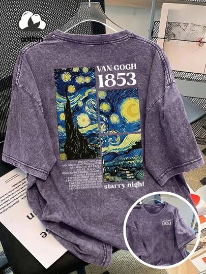 大码女式梵高星空艺术设计字母印花复古水洗T恤，休闲宽松，夏秋上衣