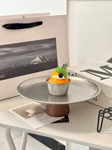 1pc Wooden Pedestal Stainless Steel Plate, Suitable For Dining Table, Restaurant, Kitchen, Party, Birthday - Vintage Silver Plate Wooden High Legs - View 1