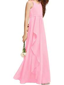 Girls A-Line Halter Maxi Dress - Flowy Chiffon Junior Bridesmaid Flower Girl Gown For Wedding Party & Pageant - 粉色 - 查看 5