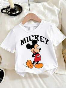 Disney White Background Mickey Mouse Walking Pose Arch Letter Print Kids' Short Sleeve T-Shirt - Classic And Playful Casual Top - White - View 3