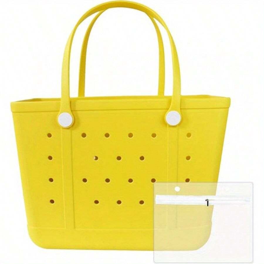 [Rubber Beach Bag] Extra Large Rubber Beach Bag Tote Bag | For Women Large Sandproof Travel Tote Bags For Beach Outdoor Sports - 黃色 - 查看 1