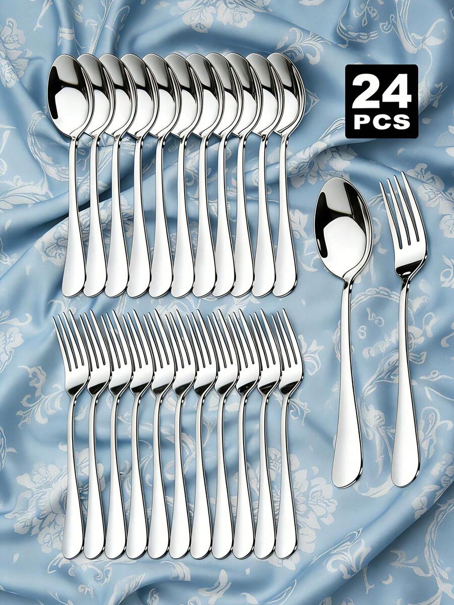 2/8/12/24pcs Stainless Steel Dessert Forks And Spoons Set, Suitable For Home Kitchen, Restaurant, Wedding, Party,Kitchen,Christmas Gift Back To School - Silver - View 1