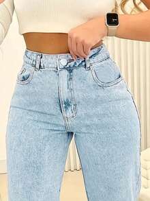 Chicsale Straight Jeans, Diagonal Pocket Loose Style Street Fashion Brand Loose Jeans, Ladies Jeans And Clothing - 淺色水洗藍 - 查看 10