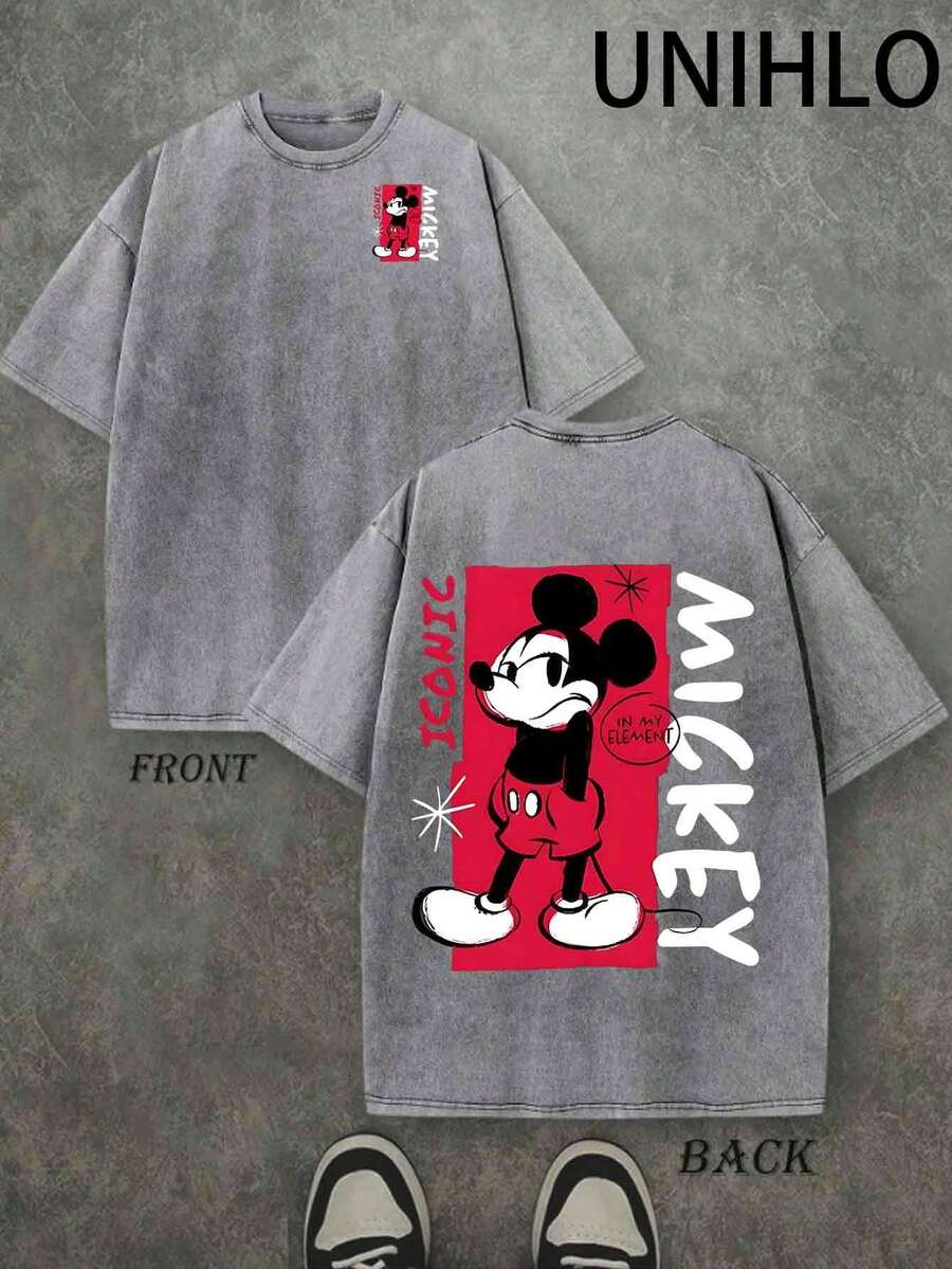 Disney UNIHLO  Mickey   Printed Summer Heavyweight Retro Washed Street Fashion Casual T-Shirt - Grey - View 1