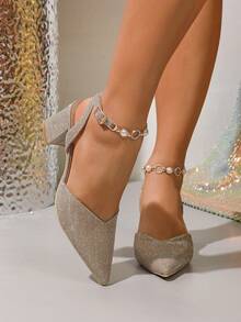 春季新款时尚女式尖头情人节高跟鞋，镂空粗跟金色亮片珍珠休闲舒适浅口鞋 - 金色 - 查看 4