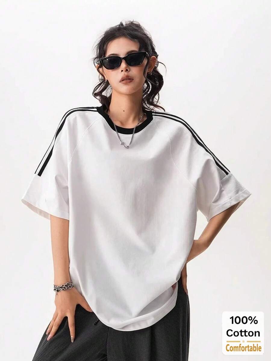 Áo thun ngắn tay dáng lửng thời trang dành cho nữ, mẫu mới Xuân/Hè 2026, kiểu dáng sọc tương phản. - trắng - Xem 1