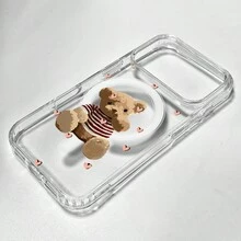 1pc Brown Teddy Bear Soft Edge Transparent Magnetic Phone Case, Pink Heart Anti-Oxidation Non-Yellowing Phone Case Compatible With IPhone 7, 8, XR, 11, 12 Pro, 13 Mini, 14 Plus, 15, 16, 17 Pro Max And Galaxy A05S, A15, A16, A25, A26, A36, A54, A56, S21 FE, S22 Plus, S23 Ultra, S24, S25 Plus, S26 Ultra - Clear - View 5