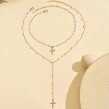 2-Piece Set Of Elegant Y-Shaped Cross Pendant Necklaces For Women, With Handmade Imitation Chain, KC Religious Style, Suitable For Party Wedding Gifts, Daily Wear, And Special Occasions-Creative Gift For Her On Christmas - N-457JS - Xem 5