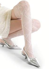 1 Pair Women's Ultra-Thin White Heart Patterned Thigh High Stockings, Sexy Y2K Babe Sheer Lace-Up Fishnet Tights - White - View 6