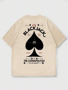 男士夏季时尚简约街头风扑克牌和爱心印花圆领短袖T恤 | 基础款街头休闲日常穿搭，男友/老公礼物 - 杏色 - 查看 4