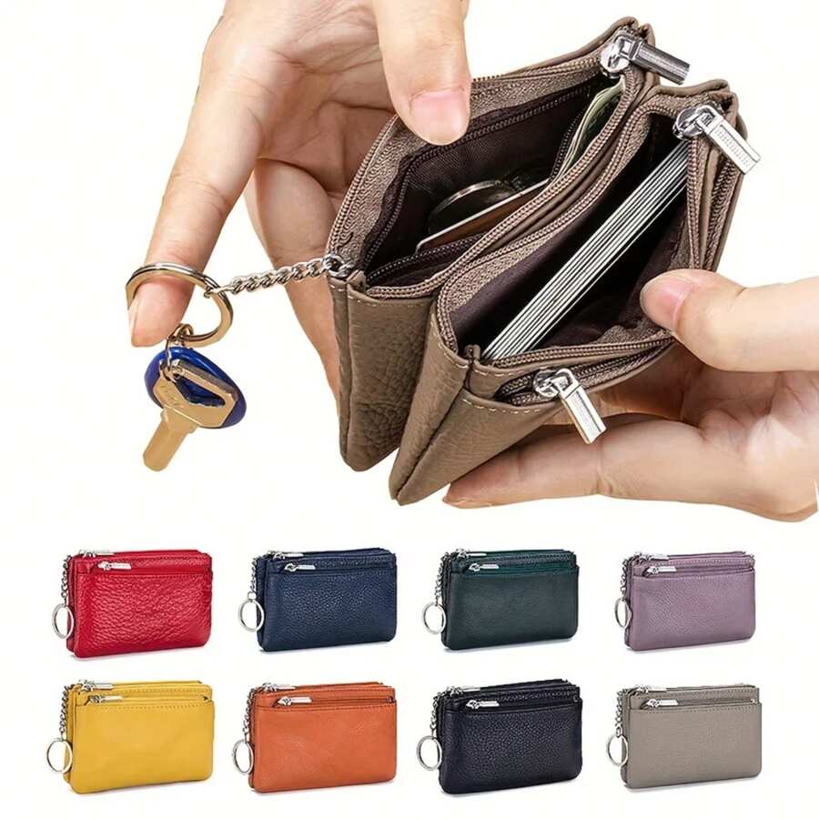 Gran oferta de monederos de cuero genuino para mujer, billeteras cortas con cadena y cremallera, tarjeteros de alta calidad, billeteras para llaves pequeñas para mujer EOHY - Morado - Ver 1