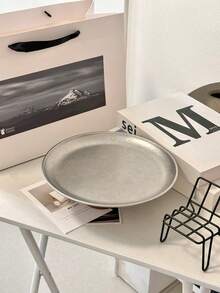 1pc Wooden Pedestal Stainless Steel Plate, Suitable For Dining Table, Restaurant, Kitchen, Party, Birthday - Vintage Silver Plate Wooden High Legs - View 3