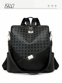 Women's Rhombus Pattern Large Capacity Backpack, Patchwork Commuter Bag, Student Backpack, Mommy Bag - Black - View 8