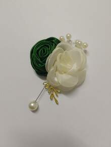 1 pieza Broche de flor de camelia de estilo multicolor unisex, blanco/rosa/burdeos/verde azulado, con decoración de diamante de imitación, accesorio para boda/fiesta/aniversario - 737 Verde oscuro + beige - Ver 2