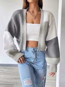 Women's Solid Color Casual Cardigan, Open Front Patch Pocket Cardigan,Long Sleeve Tops Fall Winter Cloth For Women,Vibrant Block Color Cropped Cardigan | Relaxed Fit | Comfy Knit | Perfect For Layering,Chunky Knit Color Block Cardigan | Short Length | Loose Silhouette | Match Cami Tops/Jeans,Date Outfit - 灰色 - 查看 6
