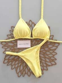 2026 New Lemon Yellow Woven Camisole Bikini Swimsuit, Sexy 2 Pieces Beachwear For Summer & Spring - Yellow - View 1