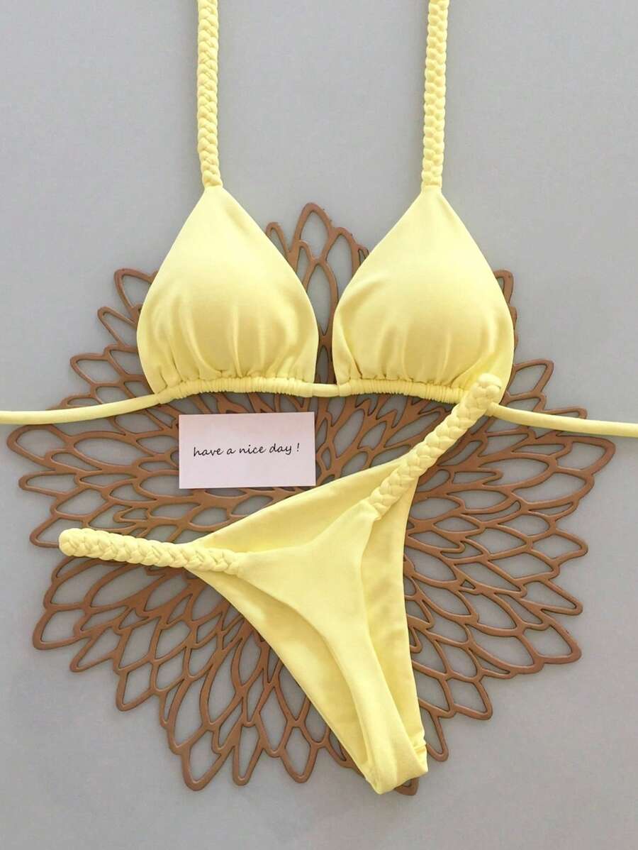 2026 New Lemon Yellow Woven Camisole Bikini Swimsuit, Sexy 2 Pieces Beachwear For Summer & Spring - Yellow - View 1
