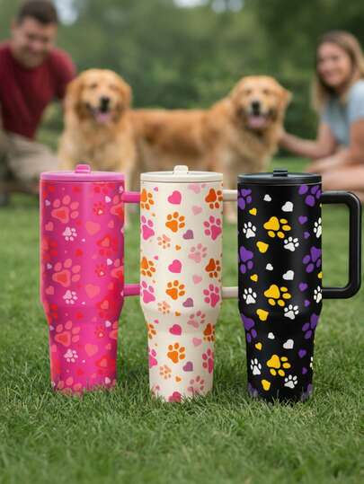 Cute Paw Print Insulated Tumbler With Handle, Stainless Steel Travel Mug. Keeps Cold 12-24h & Hot 6-12h. Perfect For Dog Walking, Commuting & Office. Ideal Gift For Dog Mums & Pet Lovers. Large Reusable Thermal Cup For Tea, Coffee & Water.