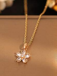 3pcs/Set Elegant Five-Flower Design Cubic Zirconia Necklace Earring Sets Girls/Teenagers Charm Jewelry Friendship Gift For Daily Wear And Festivals - Gold - View 6