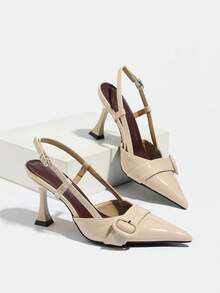 French Style Closed Toe New Elegant Solid Color Low Vamp Chunky Heel Sandals For Women - Apricot - View 7