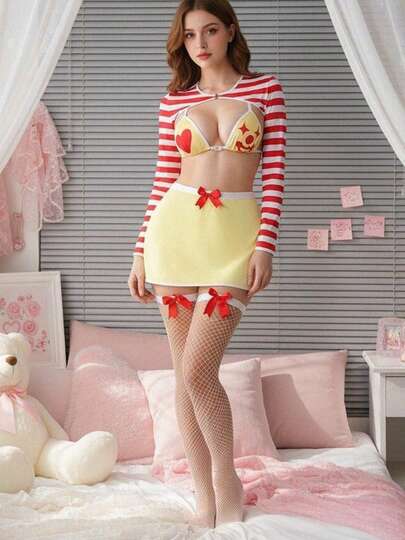 Women's Erotic Naughty Lingerie Set Long Sleeve Shrug And Bra Mini Skirt Thigh High Socks Leg Rings Clown Cosplay Costume