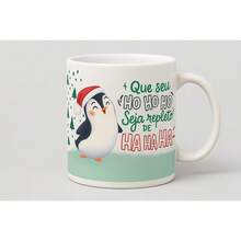 Caneca de Natal Pinguim Engraçado – "Ho Ho Ho & Ha Ha Ha" – Presente Criativo e Divertido - Multicolorido - Visão 1