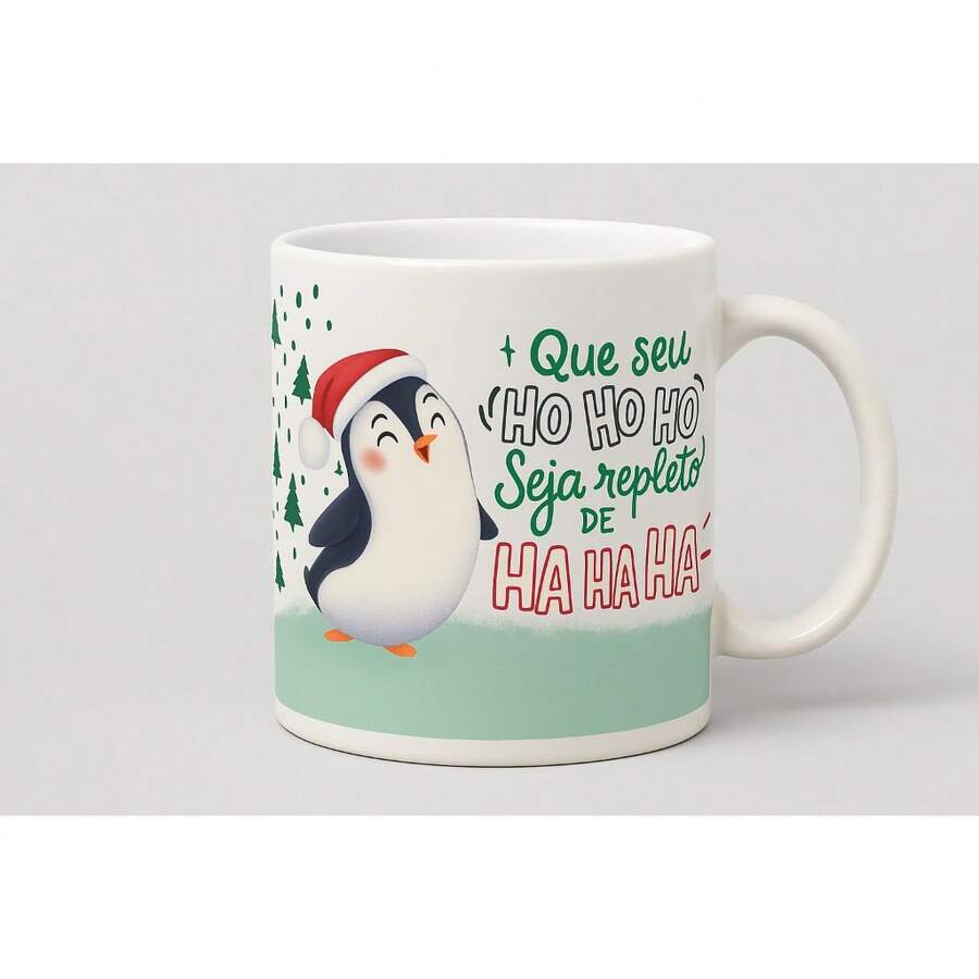 Caneca de Natal Pinguim Engraçado – "Ho Ho Ho & Ha Ha Ha" – Presente Criativo e Divertido - Multicolorido - Visão 1