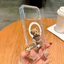 1pc Brown Teddy Bear Soft Edge Transparent Magnetic Phone Case, Pink Heart Anti-Oxidation Non-Yellowing Phone Case Compatible With IPhone 7, 8, XR, 11, 12 Pro, 13 Mini, 14 Plus, 15, 16, 17 Pro Max And Galaxy A05S, A15, A16, A25, A26, A36, A54, A56, S21 FE, S22 Plus, S23 Ultra, S24, S25 Plus, S26 Ultra - Clear - View 3