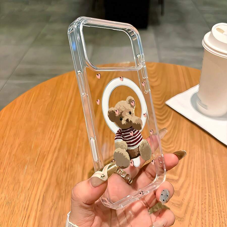 1pc Brown Teddy Bear Soft Edge Transparent Magnetic Phone Case, Pink Heart Anti-Oxidation Non-Yellowing Phone Case Compatible With IPhone 7, 8, XR, 11, 12 Pro, 13 Mini, 14 Plus, 15, 16, 17 Pro Max And Galaxy A05S, A15, A16, A25, A26, A36, A54, A56, S21 FE, S22 Plus, S23 Ultra, S24, S25 Plus, S26 Ultra - Clear - View 1