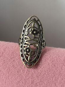 1pc Hollow Flower Design Long Ring, Antique Silver Plated Alloy, Multi-Color Options - White K - View 4