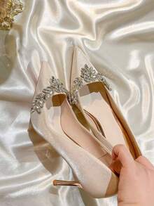 女士尖头水钻装饰优雅高跟鞋，适合派对穿着 - 杏色 - 查看 7