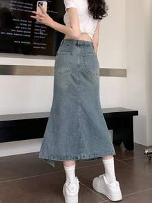 Chân váy denim xếp ly bồng bềnh cạp cao dáng đuôi cá dễ thương, phong cách thường ngày dành cho nữ. - Màu xanh lam - Xem 8
