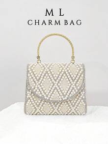 1件时尚米色手拿包，珍珠手提包，奢华手工包，适合派对、舞会、欧美风格 - 米色 - 查看 7