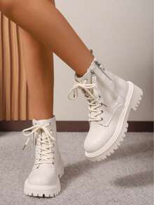 Women's Beige Chunky Sole Lace-Up Combat Boots - Casual Ankle Boots For Daily Wear - Beige - View 4