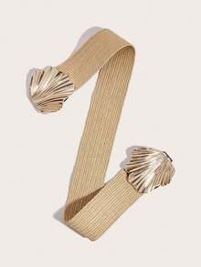 1条女士草编腰带，波西米亚风度假风贝壳扣弹力草编腰带，可搭配半身裙、裤子、晚礼服，适合派对、节日、海滩度假、生日等场合。 - 米色 - 查看 3