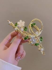 1pc Elegant Faux Cat Eye Stone Flower Hair Clip, Large Hair Claw Clip Barrette, Sophisticated Alloy Hair Accessory, Spring/Summer - Multicolor - View 10