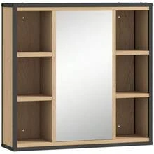 Bathroom Mirror Cabinet, 6 Open Compartments, 3-Tier Shelf, Wall-Mounted, Oak