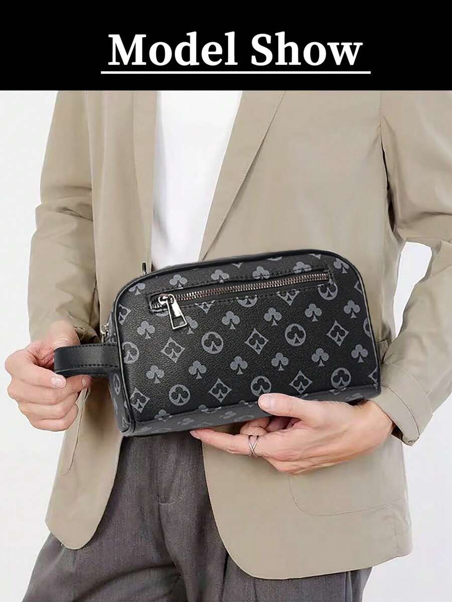 HOVI'S Men Clutch Bag Black Grey Geometric Letter Print Fabric - Dual Zipper Front Pocket Wrist Strap Large Capacity Phone Holder Internal Zipper Pocket New Year Gift Valentine's Day Gift - Black - View 1