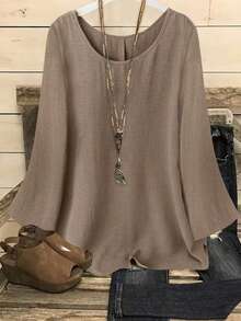 Plus Size Women's Solid Color Regular Crew Neck Long Sleeve Blouse Spring - Camel - View 2