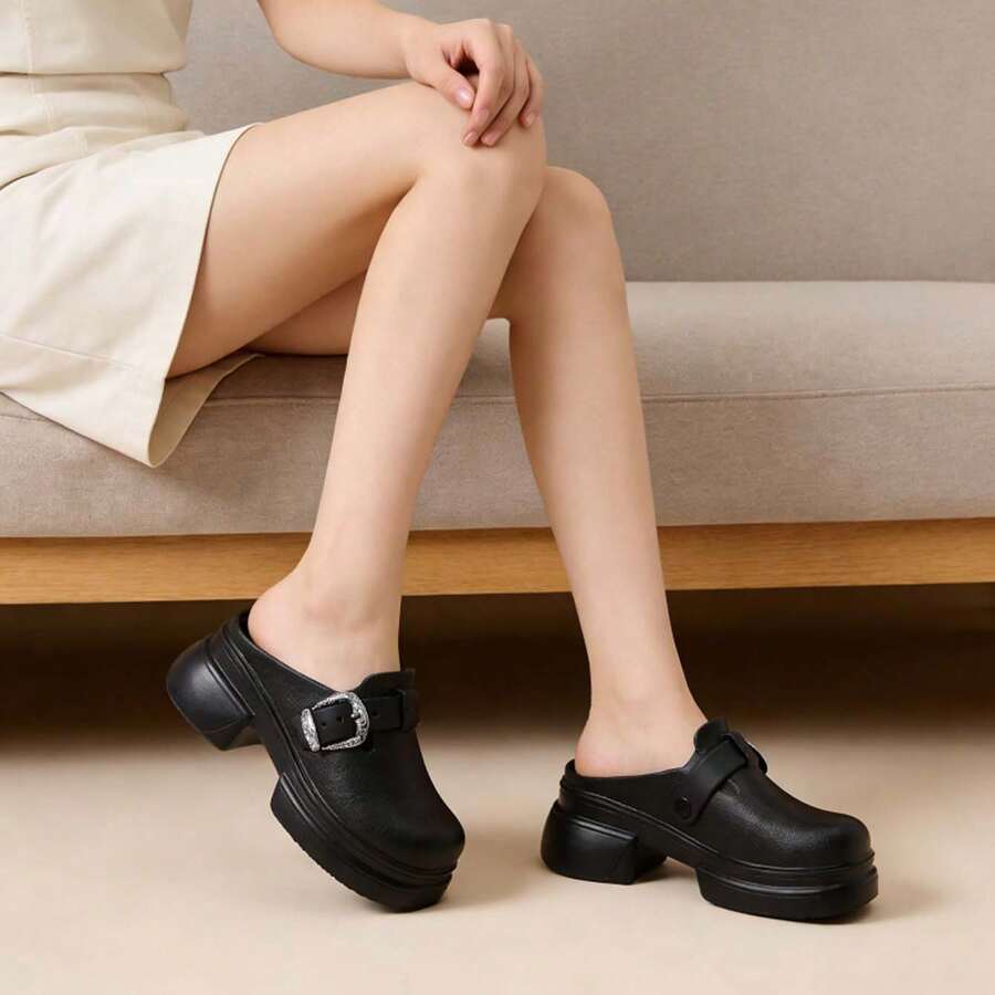 女士厚底纯色夏季花园鞋，可调节搭扣设计，增高透气，柔软舒适，静音无异味，速干木屐，适合居家、户外运动、日常通勤、海滩度假等场合。 - 黑色 - 查看 1