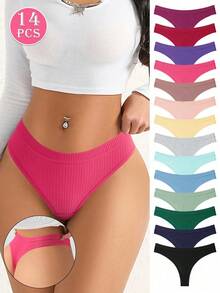 14 piezas de bragas tipo tanga de algodón acanalado multicolor y sexy para mujeres, ropa interior cómoda y minimalista, sin costuras, suave y amigable con la piel - Multicolor - Ver 4