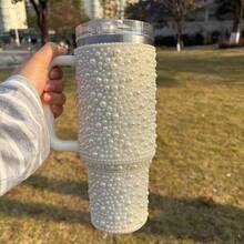 40 Oz Stainless Steel Cup With Handle With Upgraded Leak-Proof Straw Lid,Double Wall Vacuum Insulated Bottle, High-End Fashion Pearl Style Multi-Color Beverage Container, Portable Water Bottle For Outdoor Camping, Hiking, Driving, Travel - White - View 8