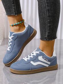 Adidași plați retro cu model patchwork pentru femei, mărime plus, stil european și american nou 2026 - Albastru - Vizualizare 5