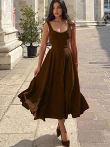 优雅休闲浪漫迷人修身A字连衣裙，适合日常穿着、约会、情人节派对等夏季场合。 - 棕色 - 查看 4