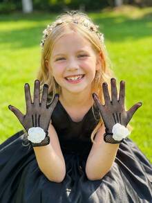 1 双儿童黑白花卉图案弹力网眼手套，适合 4-12 岁儿童 - 1Pair - 查看 14