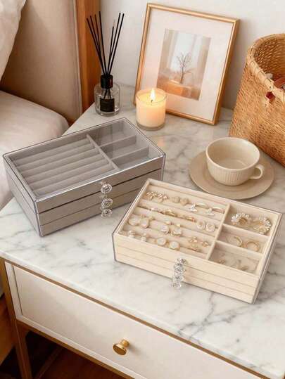 1pc Luxury 3-Tier Velvet Jewelry Box - Dust-Proof Drawer Storage Space, Modern Style Multi-Drawer Jewelry Box, Transparent Jewelry Organizer Box For Earrings, Necklaces And Bracelets - Multifunctional Desktop Accessory Box, Acrylic Jewelry Box, Large Capacity Jewelry Storage Box, Drawer Style Jewelry Display Box With Adjustable Velvet Trays, Birthday And Anniversary Gift, Mother's Day Gift, Gift For Her