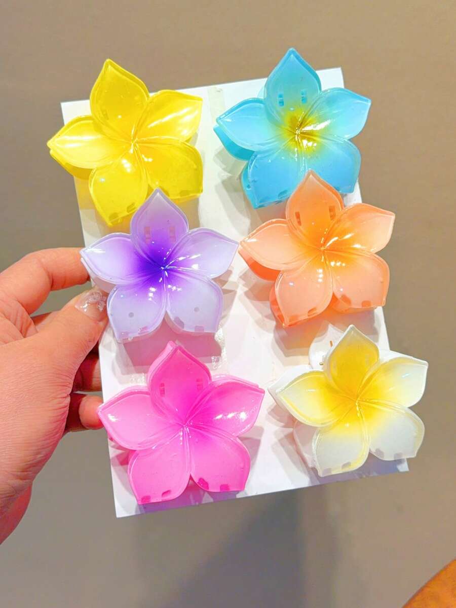 6个装女士五瓣花发夹，时尚沙滩度假风发爪，适合日常使用 - 彩色 - 查看 1