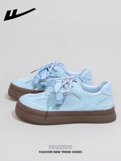  1 Pair WARRIOR Women's Thick Sole Lace-Up Soft Bottom Casual Shoes, Low-Top Outdoor Flat Shoes, Round Toe Low Heel Non-Slip Solid Color Elegant Soft Bottom Hiking Shoes, Suitable For Students, Graduation Photos, Flat Shoes, Low-Top Leather Sports Skateboard Shoes