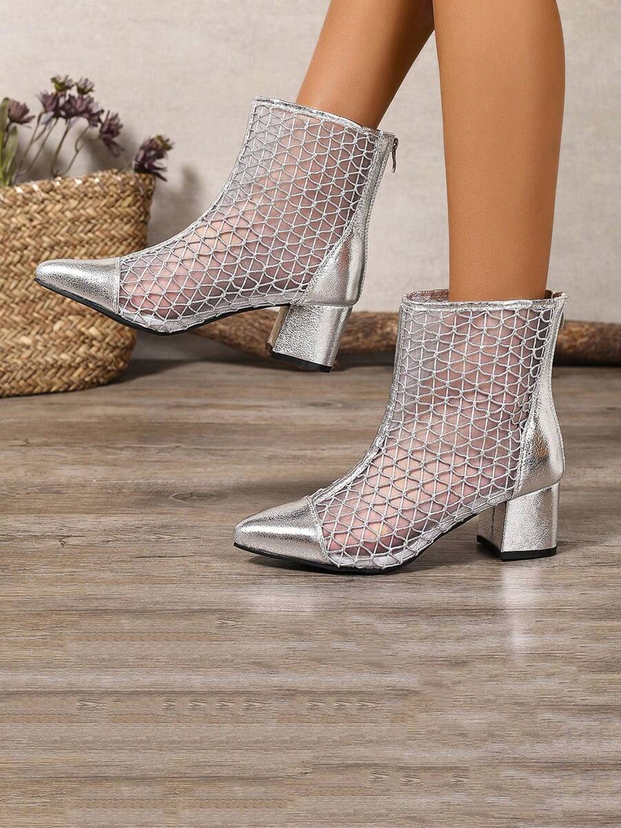 优雅百搭的踝靴，后跟配有拉链，女鞋采用粗跟设计，尖头中跟，透气网面，适合春、夏、秋季穿着。 - 銀色 - 查看 1